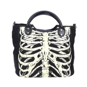 Black skeleton ribcage print gothic canvas tote bag front view with ivory bone design and leather handles