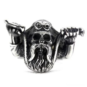 Detailed skeleton rider ring with carved beard and vintage silver tone, biker gothic jewelry front view