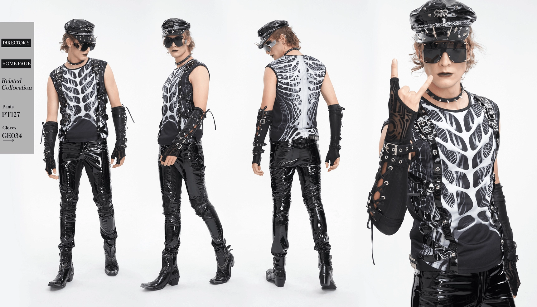 Complete styling view of black skeleton rivet gothic tank for alternative fashion