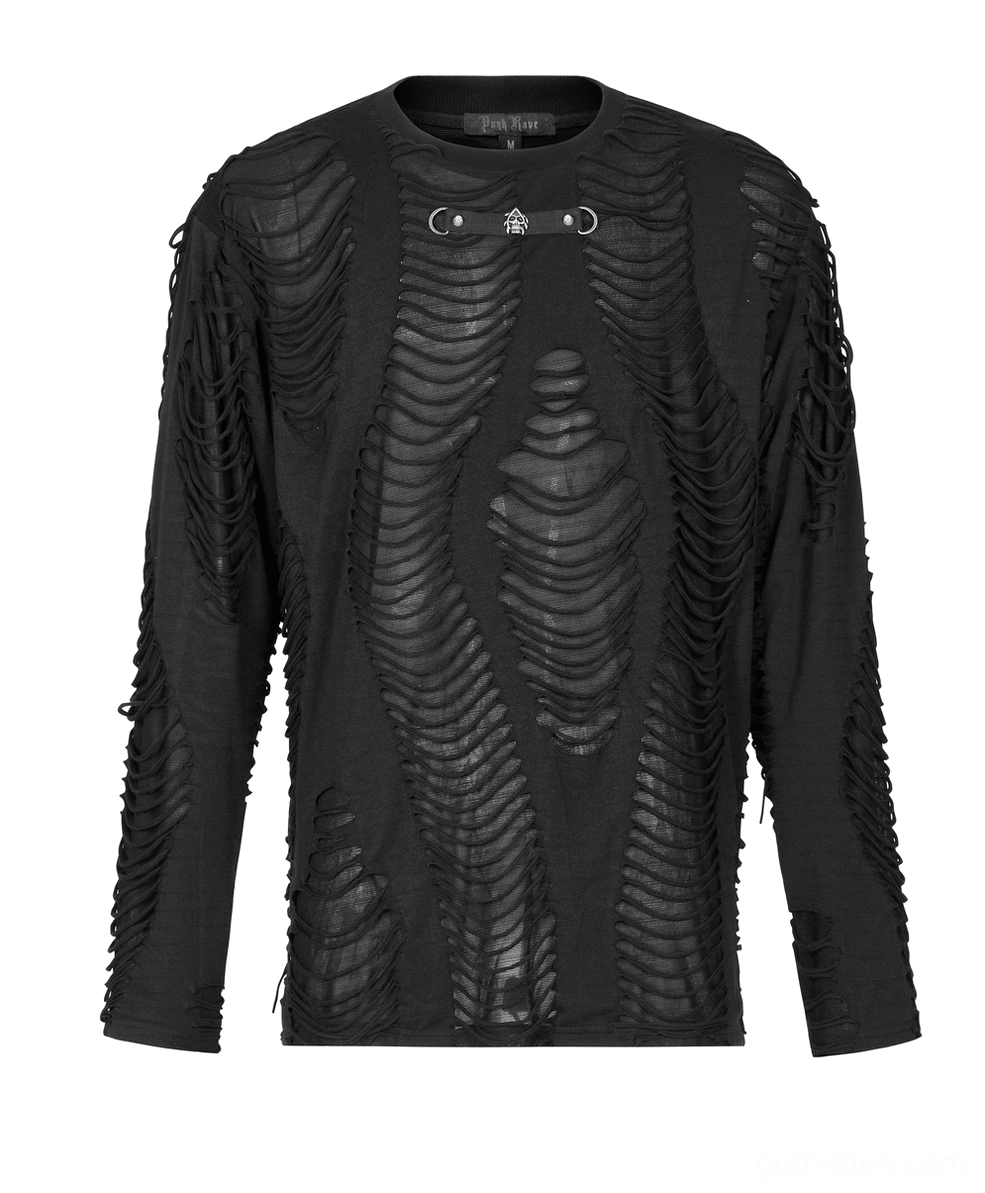 Gothic ripped sweatshirt flat lay front showing crew neck metal hardware and shredded panel details