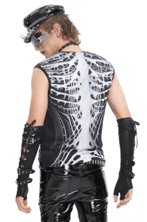 Back view of gothic skeleton tank top showing full back print and side PU lace-up straps