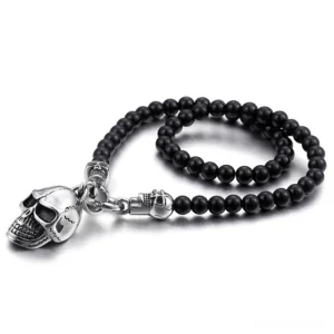 Black and silver skull beaded chain necklace gothic pendant stainless steel side view
