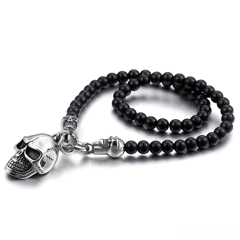 Black and silver skull beaded chain necklace gothic pendant stainless steel side view
