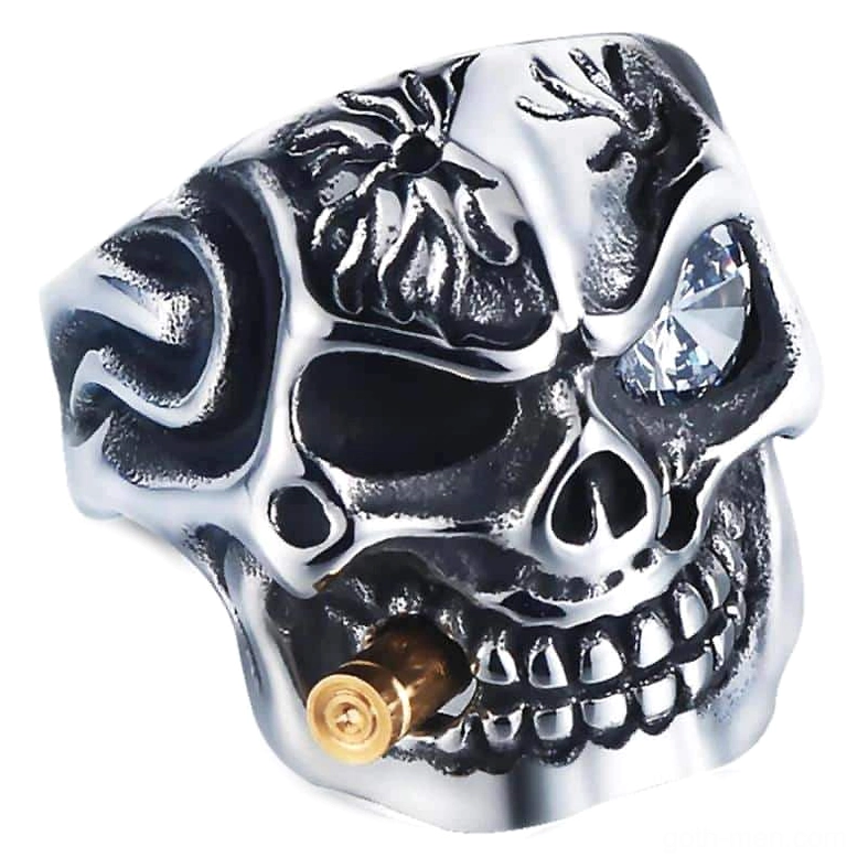 Pirate skull gothic ring side view showing flame engraved patterns and stainless steel craftsmanship