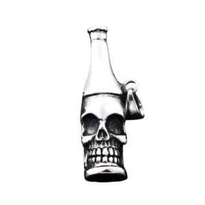 Gothic skull bottle stainless steel pendant front close-up detail view on white background