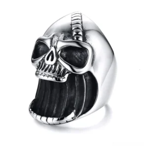 Silver stainless steel skull bottle opener ring with detailed carved face, front view on white background