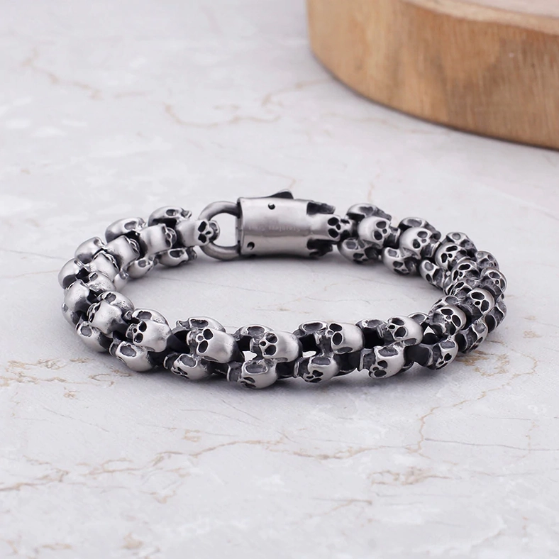 Gothic skull bracelet spring ring clasp in closed position showing secure locking mechanism