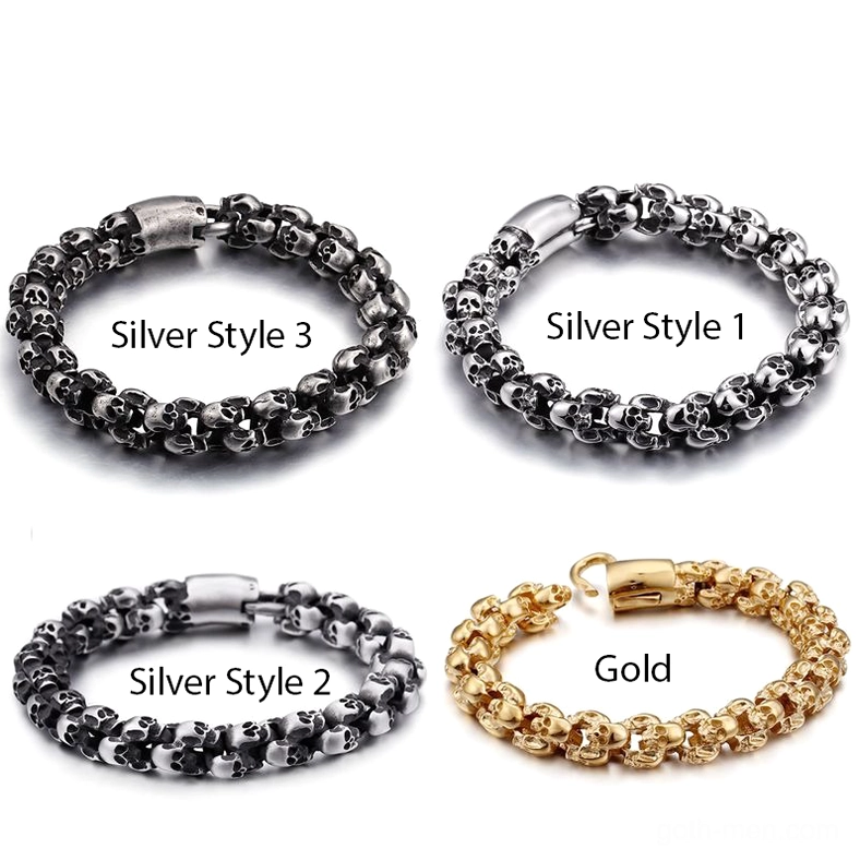 Complete gothic skull bracelet style collection showing three silver designs and one gold variant with labels