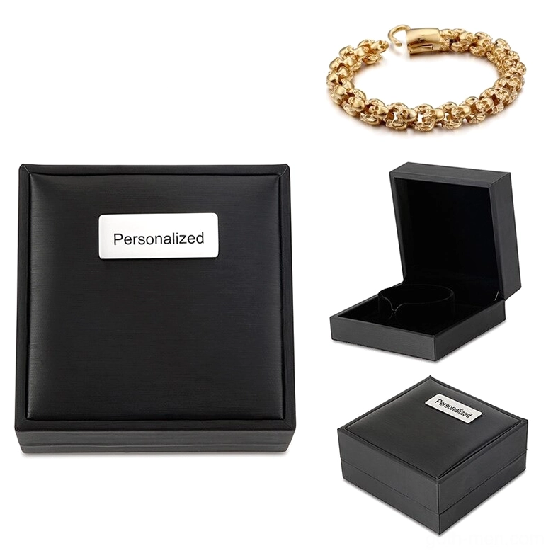 Gothic skull bracelet gift set with personalized matte black cardboard boxes and multiple jewelry styles