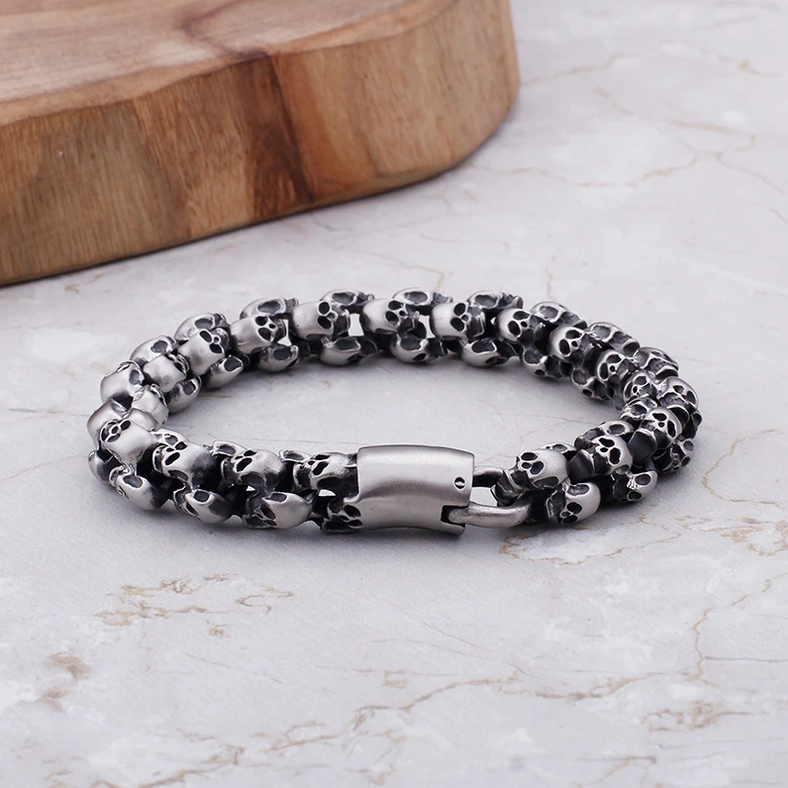 Gothic skull chain bracelet in jewelry box showing presentation and storage setup