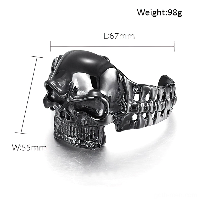 Black skull open cuff bracelet with size measurements and dimensions labeled on white background