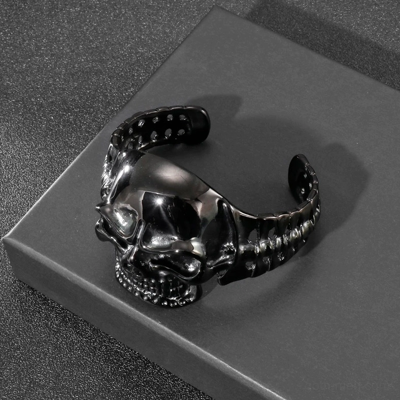Black skull open cuff bracelet top view showing 3D skull shape and full design from above