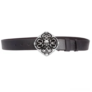 Black genuine cowskin gothic belt with intricate carved skull buckle flat lay front angle