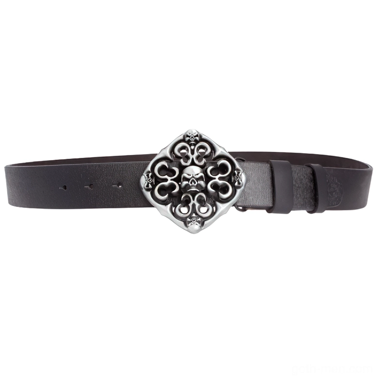 Black genuine cowskin gothic belt with intricate carved skull buckle flat lay front angle