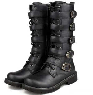 Black skull buckle gothic combat boots mid-calf front double view with metal studs and rivets