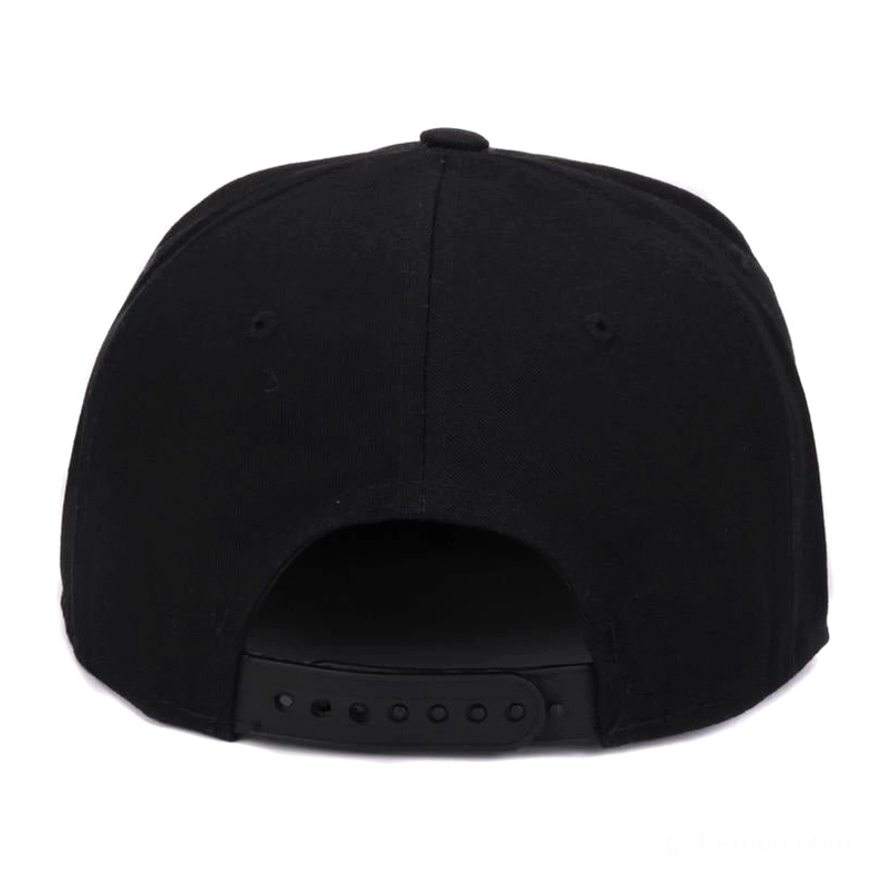 Gothic skull snapback cap rear view displaying plastic snap buckle closure system
