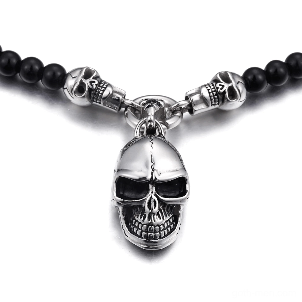 Front detail shot polished skull charm memento mori gothic necklace stainless steel hardware