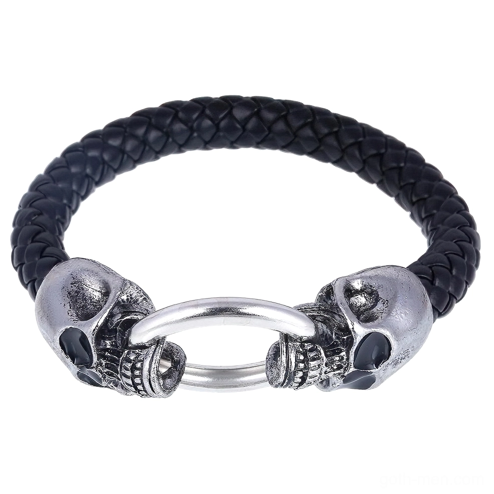Skull head clasp gothic leather bracelet - overhead flat lay studio shot with black woven leather and silver metal hardware