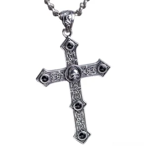 925 sterling silver skull cross gothic pendant front view with ornamental carved details and central skull motif, unisex biker necklace