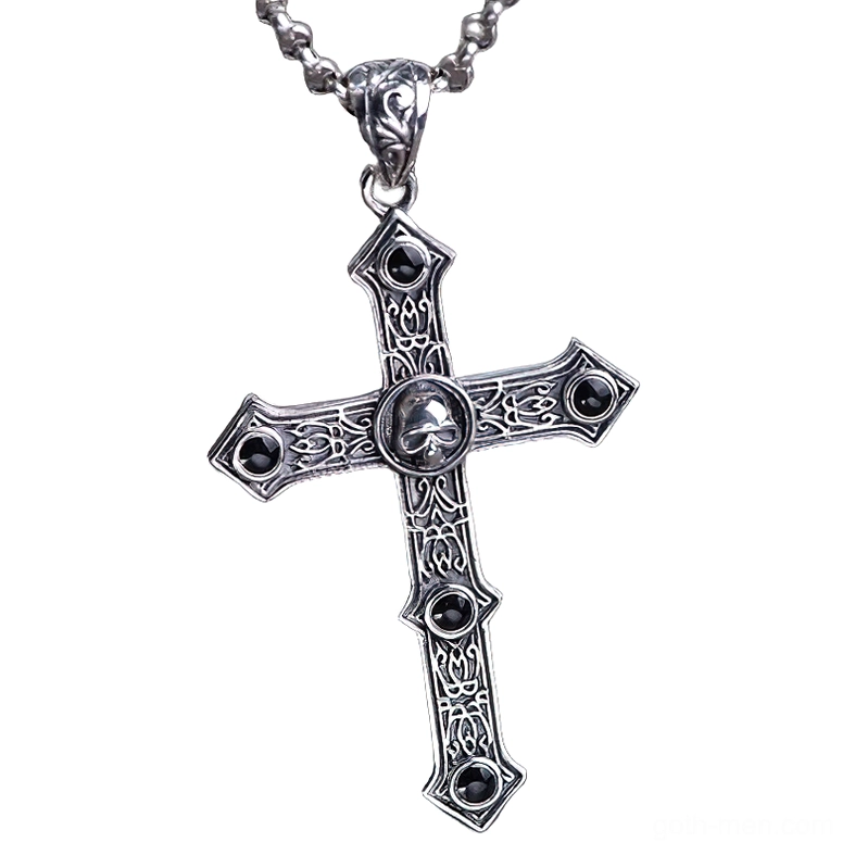 925 sterling silver skull cross gothic pendant front view with ornamental carved details and central skull motif, unisex biker necklace