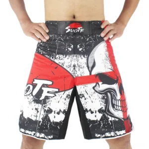 Front view of distressed black athletic shorts featuring bold red and white skull cross graphic with branded waistband detail