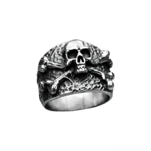 Skull and crossbones gothic pirate ring stainless steel 3D front three-quarter view