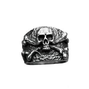 Skull crossbones gothic ring frontal view prominent 3D skull rugged hammered texture