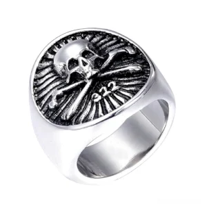 Silver skull and crossbones gothic signet ring with 322 engraving, top-down close-up view on white background