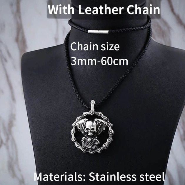 Skull motorcycle engine gothic necklace worn on mannequin biker jewelry display