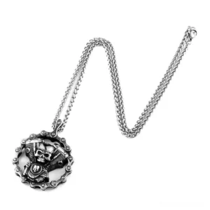 Skull motorcycle engine pendant necklace stainless steel gothic biker jewelry front view