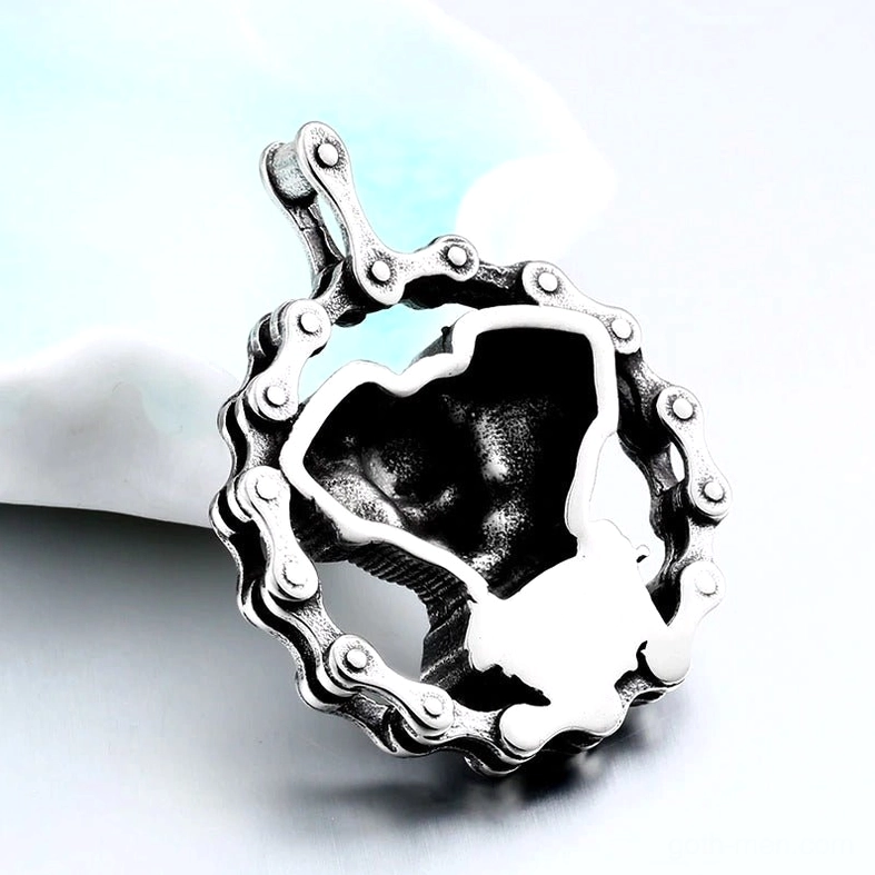 Skull engine gothic pendant necklace dimensional angled view biker jewelry