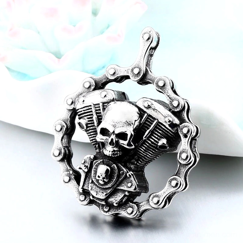 Intricate skull engine pendant gothic biker necklace close-up artistry