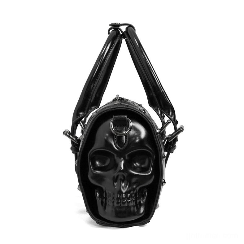 Glossy black PU leather gothic handbag with prominent 3D skull design and rivet detailing, front-facing view