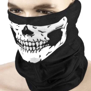 Male model wearing black skull print neck gaiter mask, close-up detail of 3D skull graphic and fabric texture