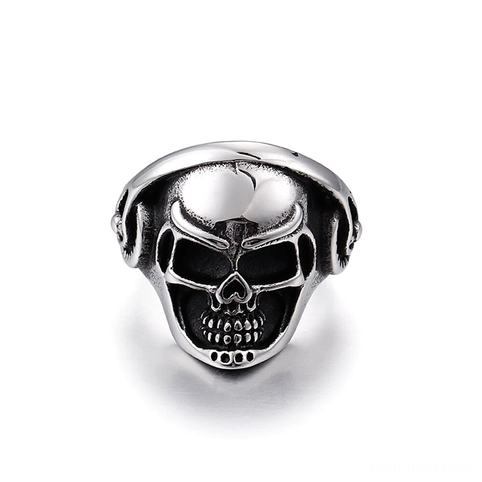 Skull headphone biker ring front view, polished stainless steel with detailed carved skull and music headphone design