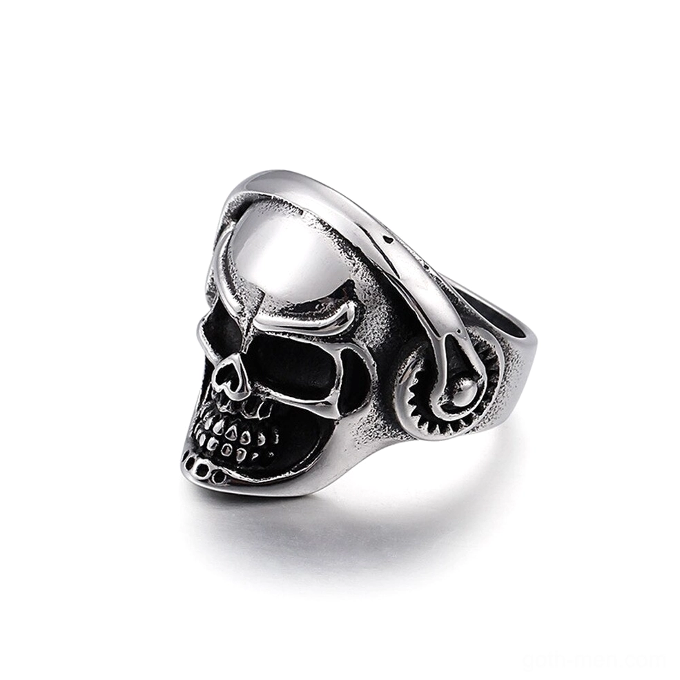 Skull headphone punk ring three-quarter side angle, showing gear details and mixed finish texture on stainless steel band