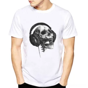 Studio front view of skull and headphones printed gothic tee on model, white base with black graphic design