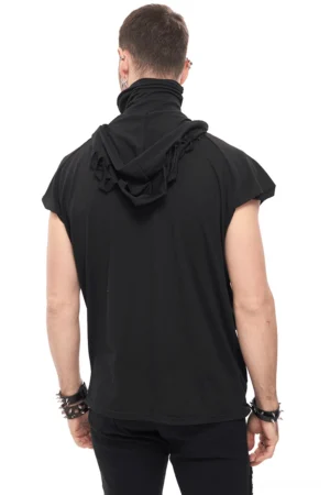 Black distressed gothic hoodie rear view, solid back design without prints