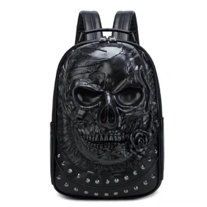 Menacing black skull PU leather backpack with studded trim and embossed skull rose design - front product view