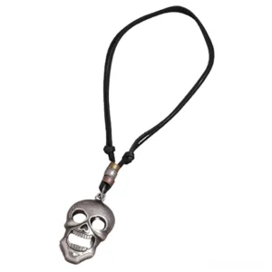 Black genuine leather adjustable cord with small skull pendant, demonstrating cord thickness and adjustable closure mechanism