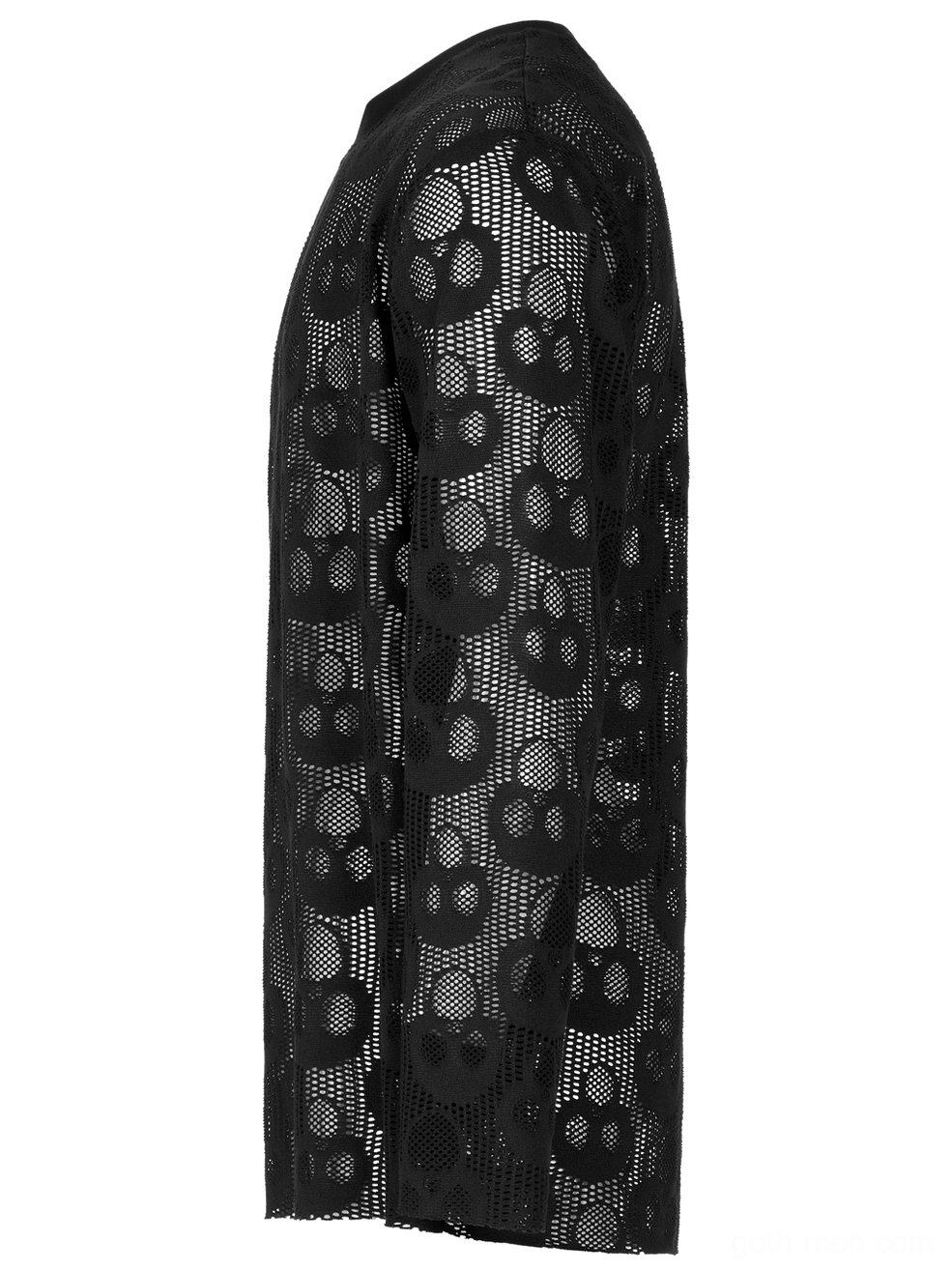 Black gothic skull mesh long sleeve top side profile flat lay