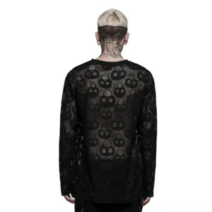 Black skull mesh gothic long sleeve top rear view showing allover skull print