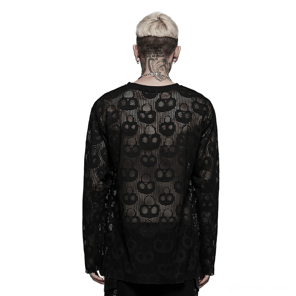 Black skull mesh gothic long sleeve top rear view showing allover skull print