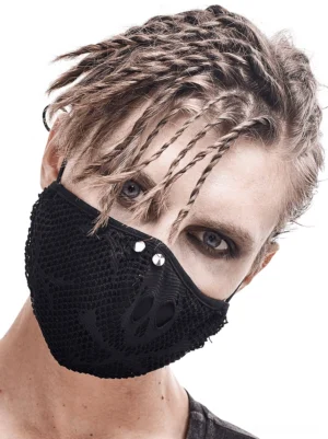 Front close-up of black gothic skull mesh face mask with metal rivet details on male model with braided dreadlocks