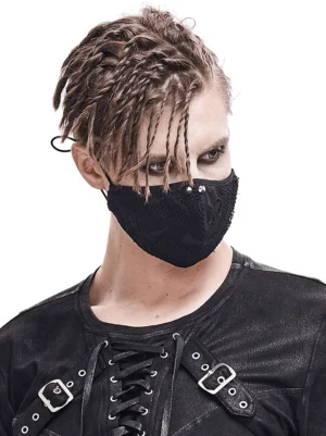 Three-quarter side view of adjustable black skull mesh gothic face mask worn with punk leather top