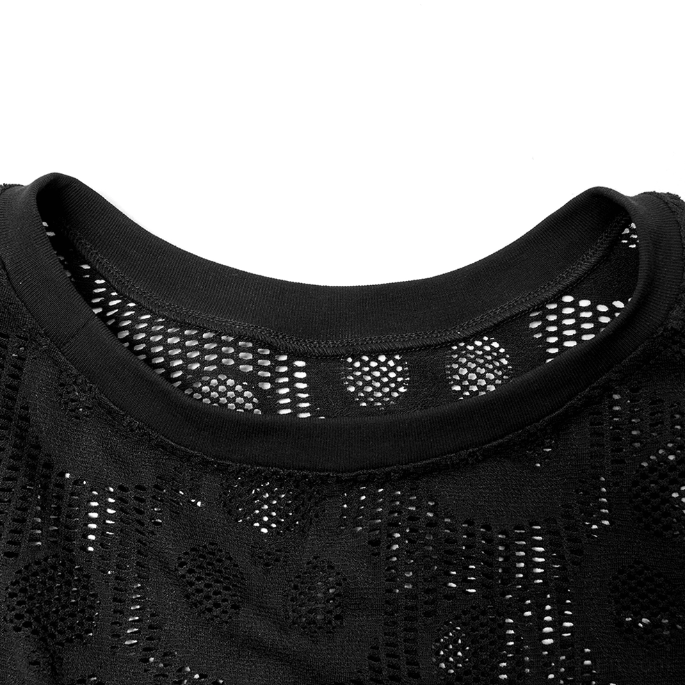 Ribbed crew collar detail of black skull mesh gothic long sleeve top
