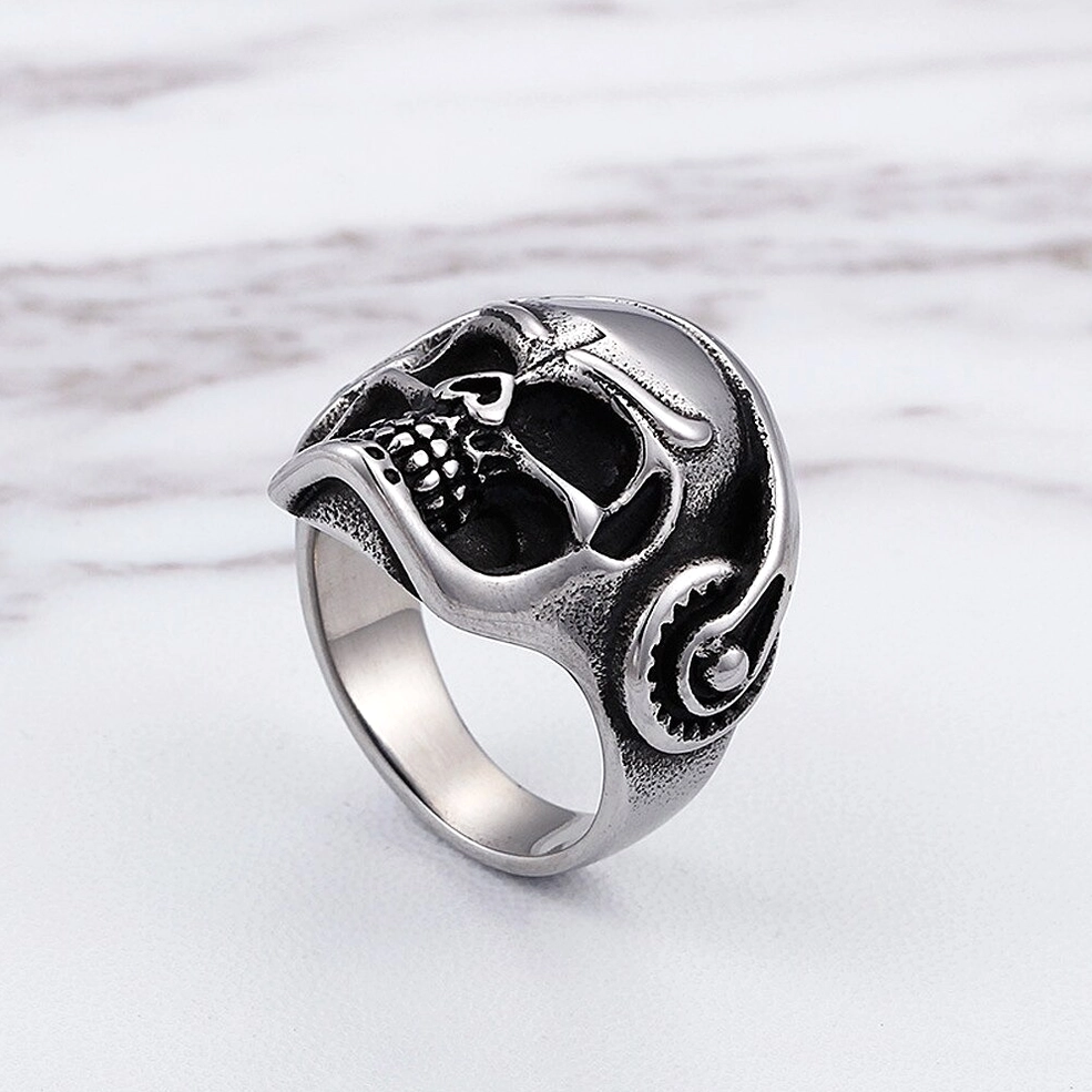 Skull headphone biker ring low side profile, matte textured finish with angled skull display and mechanical headphone detail
