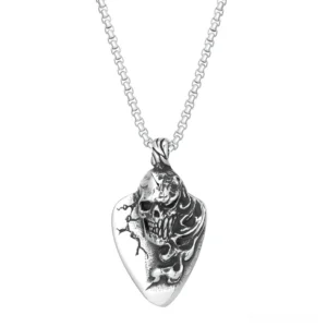 Memento mori skull guitar pick pendant necklace in antique silver stainless steel, front studio view
