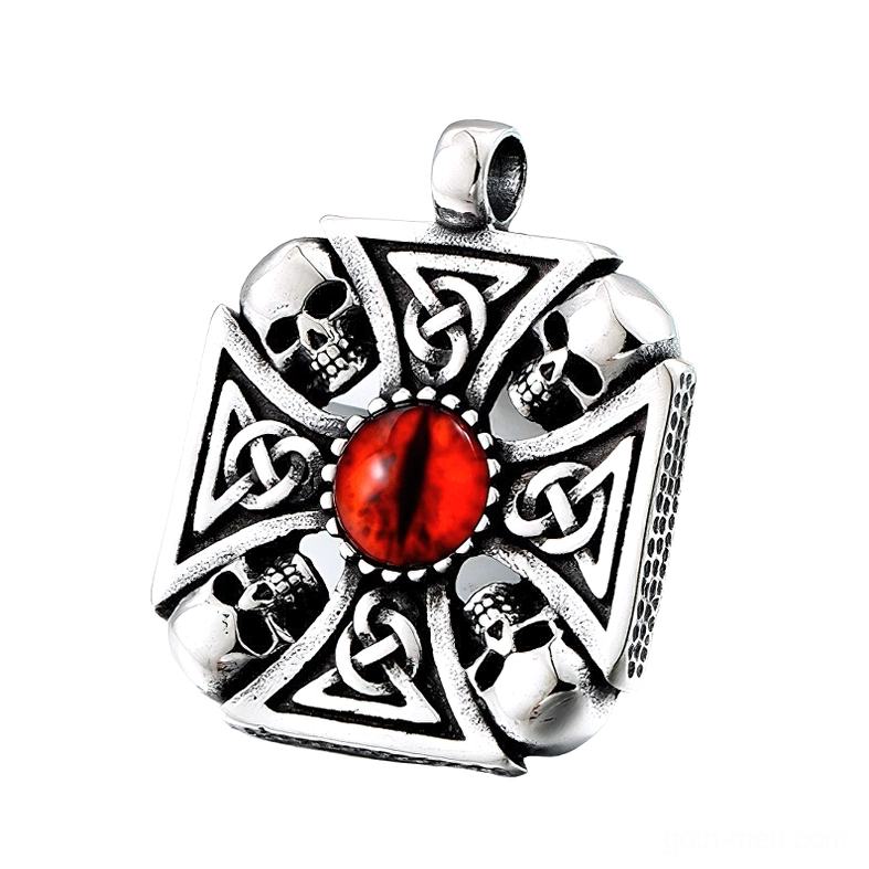 Right front angle view of Viking-Celtic gothic skull pendant highlighting textured side frame and symmetrical design