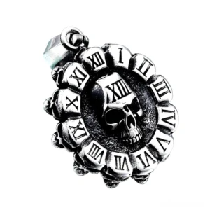 Side profile close-up of gothic skull pendant with intricate spiked gear frame and roman numeral XIII details in aged silver metal